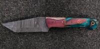 Custom Fixed Blade Knife, Damascus Tanto Blade, Resin-Wood Handle, Leather Sheath, 8" - 2