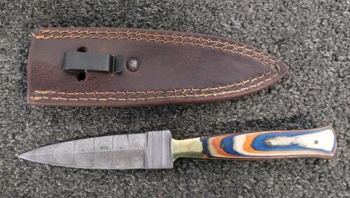 Custom Fixed-Blade Knife, Damascus Blade, Laminated Handle, Brass Guard, Leather Sheath