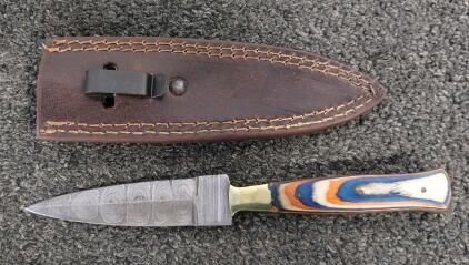 Custom Fixed-Blade Knife, Damascus Blade, Laminated Handle, Brass Guard, Leather Sheath