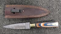 Custom Fixed-Blade Knife, Damascus Blade, Laminated Handle, Brass Guard, Leather Sheath