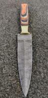 Custom Fixed-Blade Knife, Damascus Blade, Laminated Handle, Brass Guard, Leather Sheath - 3