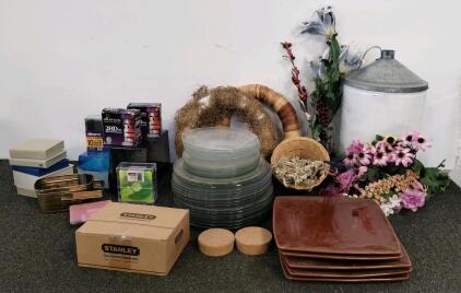 Mixed Lot: Glass Dinner Plates, Square Ceramic Plates, 3.5" Floppy Disks, Stanley Hardware, Floral Decor