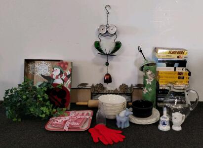 Corelle Dinnerware, Frog Wall Decor, Vintage DVDs & VHS, Pitcher, Home & Kitchen Lot