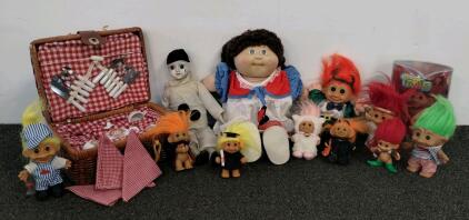Vintage Good Luck Troll Doll Collection, Cabbage Patch Kid, & Raggedy Ann Tea Set Picnic Basket
