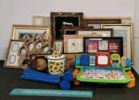 VTech Touch & Learn Activity Desk Deluxe, sunflower Cookie jar, and large lot of frames/framed artwork