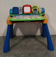 VTech Touch & Learn Activity Desk Deluxe, sunflower Cookie jar, and large lot of frames/framed artwork - 4