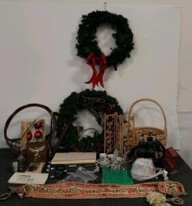Mixed Lot: Vintage and Modern Decor, Holiday Wreaths, Yamaha QY10 Manual, Kitchenware & Office Items