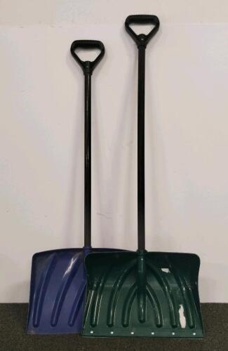Pair of 20" Wide Heavy Duty Snow Shovels, D-Grip Handles, Metal and Plastic Edges, Green & Blue