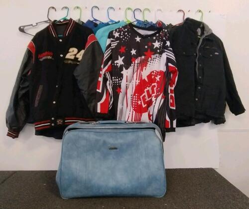 Men's Apparel Lot: Palm Beach Suits, Dickies Jacket, Work Shirts, Travel Bag(most sizes L-XL) (shelf XA)
