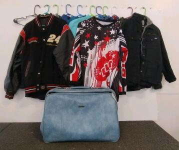 Men's Apparel Lot: Palm Beach Suits, Dickies Jacket, Work Shirts, Travel Bag(most sizes L-XL) (shelf XA)