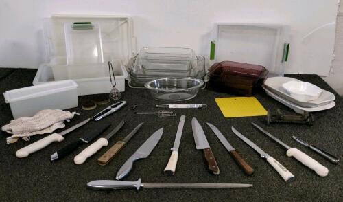 Large Lot: Commercial Kitchen Knives, Bakeware & Tools - EKCO, CorningWare, 20+ Pieces