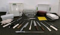 Large Lot: Commercial Kitchen Knives, Bakeware & Tools - EKCO, CorningWare, 20+ Pieces