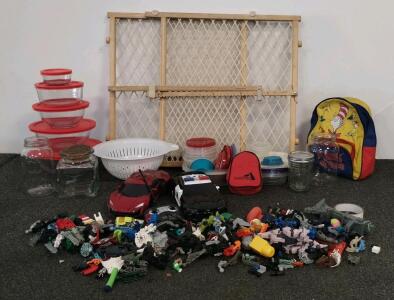 Mixed Lot Dr. Seuss Backpack, Pyrex nesting bowls, Glass Jars & Bowls, RC Cars, Wooden Gate, LEGO/Toy Parts