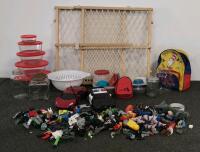 Mixed Lot Dr. Seuss Backpack, Pyrex nesting bowls, Glass Jars & Bowls, RC Cars, Wooden Gate, LEGO/Toy Parts