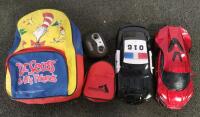 Mixed Lot Dr. Seuss Backpack, Pyrex nesting bowls, Glass Jars & Bowls, RC Cars, Wooden Gate, LEGO/Toy Parts - 3