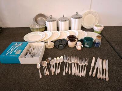 Holmes and edwards brand silverware (silver plated) and Farberware Flatware Set , Vintage Floral Plates, Canisters, Assorted Kitchen Lot