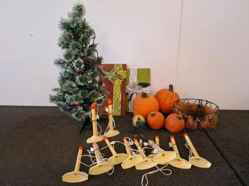 Holiday Decoration Bundle: 3ft Pre-Lit Christmas Tree, 9 Window Candles, D&eacute;cor Pumpkins & Basket (powered on)