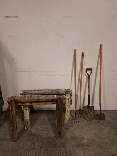 Pair of Heavy-Duty Wooden Sawhorses & 4 Garden Tools (2 Pitchforks, Spade Shovel, Hoe, Used)