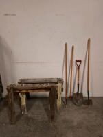 Pair of Heavy-Duty Wooden Sawhorses & 4 Garden Tools (2 Pitchforks, Spade Shovel, Hoe, Used)