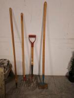 Pair of Heavy-Duty Wooden Sawhorses & 4 Garden Tools (2 Pitchforks, Spade Shovel, Hoe, Used) - 2