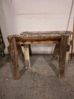 Pair of Heavy-Duty Wooden Sawhorses & 4 Garden Tools (2 Pitchforks, Spade Shovel, Hoe, Used) - 3