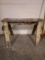 Pair of Heavy-Duty Wooden Sawhorses & 4 Garden Tools (2 Pitchforks, Spade Shovel, Hoe, Used) - 4