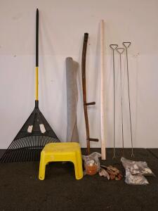 Large Lot with Leaf Rake, Landscape Fabric, PVC Pipe, Step Stool, Vintage Handle, Stakes, Rocks, Shells, Driftwood