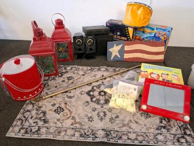 Large mixed household lot. Speakers, ( unable to test) home decor, board games and more