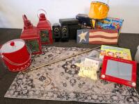 Large mixed household lot. Speakers, ( unable to test) home decor, board games and more