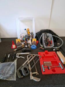 Large Workshop Tool Lot with Fluke T5-600 Electrical Tester, Tire Repair Kit, Hacksaws, Cords