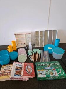 Large Kitchen Lot: 60+ Plastic Plates, Bowls, Cups, Utensils, Cookbooks, Fishin'-Opoly Game