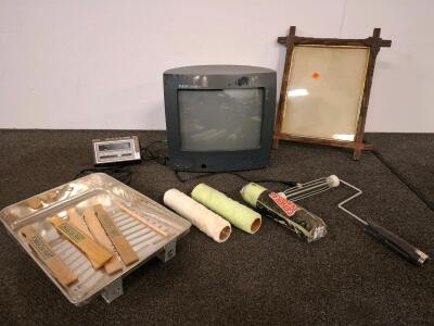 Vintage RCA CRT TV J20320CE with General Electric Clock Radio, Paint Supplies, Rustic Wood Frame
