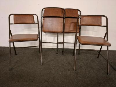 Set of 4 Vintage Metal Folding Chairs, Brown Vinyl Upholstery, Stackable, Padded Seat and Back