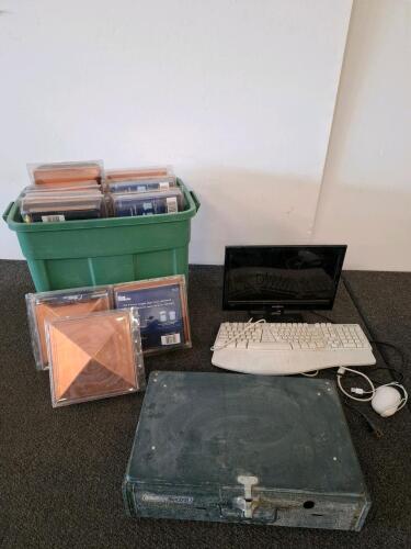 Nantucket 4x4 Copper Post Caps Lot w/ Insignia Monitor, monitor powered on. Keyboard, Mouse & Coleman outdoor grill.