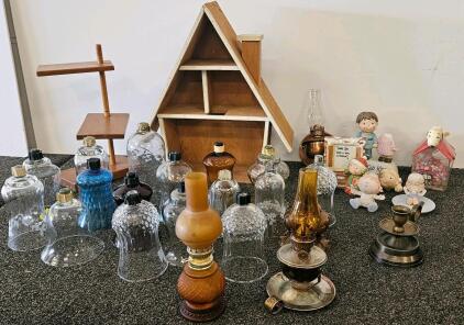 Vintage Oil Lamps & Glass Chimneys Lot &ndash; Assorted Colored & Patterned Pressed Glass, 16+ Pieces