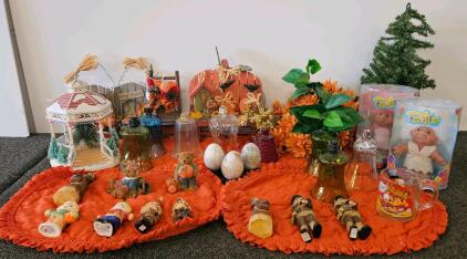 Vintage Fall Collectibles Lot: DAM Troll Dolls, Glass Lamp Shades, Garfield Mug, Figurines, Decor