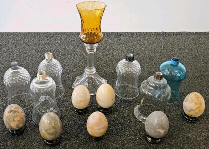 Vintage Glass Lamp Chimneys, Amber and Blue Shades, 7 Stone Eggs with Stands, Lot of 15
