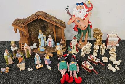 Mixed Christmas Decor Lot &ndash; Nativity Set, Tropical Santa, 29 Pieces, Ceramic & Plush Figures