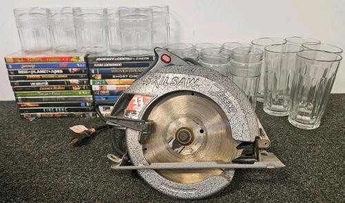 Skilsaw 5155 Circular Saw, 7-1/4" Blade, 11A, 4600 RPM, Serial HI82097 (tested, works). 2 sets of drinking glasses, assorted DVD's