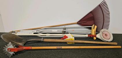 Craftsman Rotary Cultivator, Razor-Back Shovel, Rake, Crutches, Marking Flags Lot