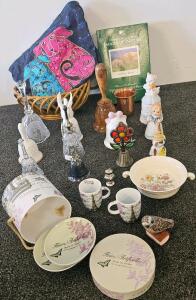 Vintage Collectibles Lot: 10+ Decorative Bells, Figurines, Mugs, Mangelsen Puzzle, Floral Plates