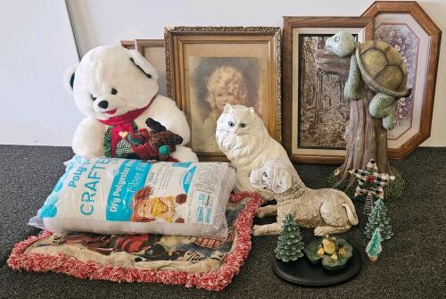 Large Mixed Home D&eacute;cor Lot &ndash; Framed Art, Plush Toys, Figurines, Craft Supply & Holiday Decor