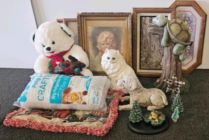 Large Mixed Home D&eacute;cor Lot &ndash; Framed Art, Plush Toys, Figurines, Craft Supply & Holiday Decor