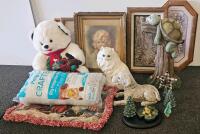 Large Mixed Home D&eacute;cor Lot &ndash; Framed Art, Plush Toys, Figurines, Craft Supply & Holiday Decor