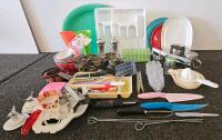 Assorted Kitchenware & Utensils Lot, 30+ Pieces, Mixed Metal/Plastic, Plates, Bowls, Knives, Bakeware