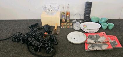 Assorted Kitchenware and Decor: Lenox Large Glass Bowl, Set of Oil & Vinegar Bottles w/ Matching 4 Trays, 3 Assorted Cast Aluminum Outdoor Decorations, 2 Long Hat Racks, Set of 2 Matching Absolut Martini Glasses, Vintage Grill Press, Vintage Mirror Tray, 