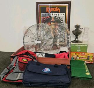 Vintage Hilco Kerosene Lamp, Milton Bradley Croquet Set, Kahl&uacute;a Sign, Tote Bags, Wood Cart