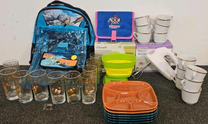 Kitchen Tool & Glassware Lot: Kitchen Selectives Electric Hand Mixer (Functional), Escali Kitchen Scale w/ Collapsible Bowl (Functional - Batteries Included), Set of 6 Glass Hors d'oeuvres Plates, Storm Backpack w/ Wallet, Clear Plastic Blue Bag, Powerpuf