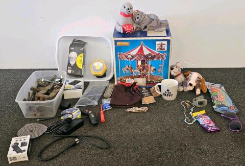 Mixed Collectible & Hardware Lot: LEMAX The Grand Carousel, Set of 2 Coca-Cola Seal Plushies, Ornate Dragon Knife, Lady & The Tramp Plushie Set, Angleable Screwdriver, Regular Screwdriver, Zip ties, Duct Tape, Other Assorted Hardware, Assorted Clamps, Bee