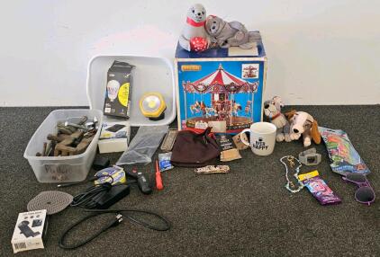 Mixed Collectible & Hardware Lot: LEMAX The Grand Carousel, Set of 2 Coca-Cola Seal Plushies, Ornate Dragon Knife, Lady & The Tramp Plushie Set, Angleable Screwdriver, Regular Screwdriver, Zip ties, Duct Tape, Other Assorted Hardware, Assorted Clamps, Bee